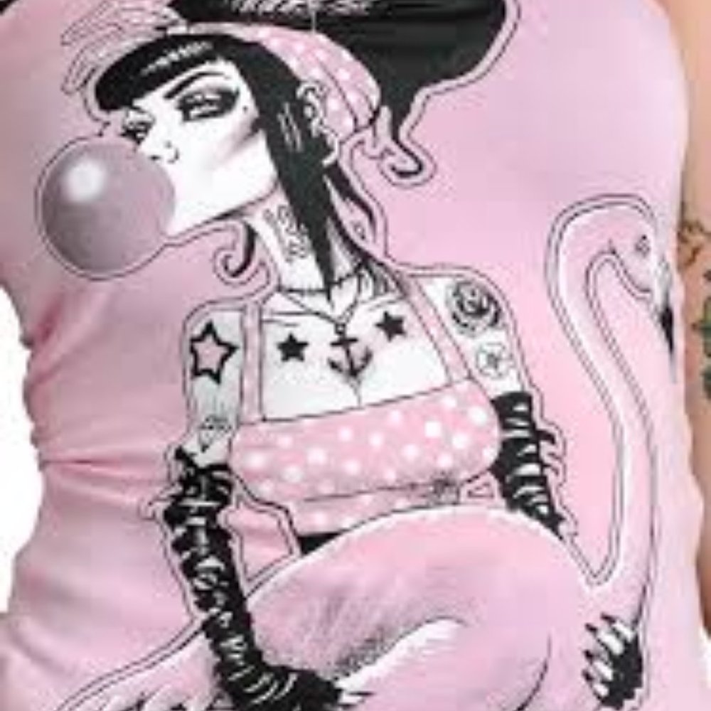 Rockabilly *Form Fitting Tank Top Pink Flamingo - Picture 2 of 2